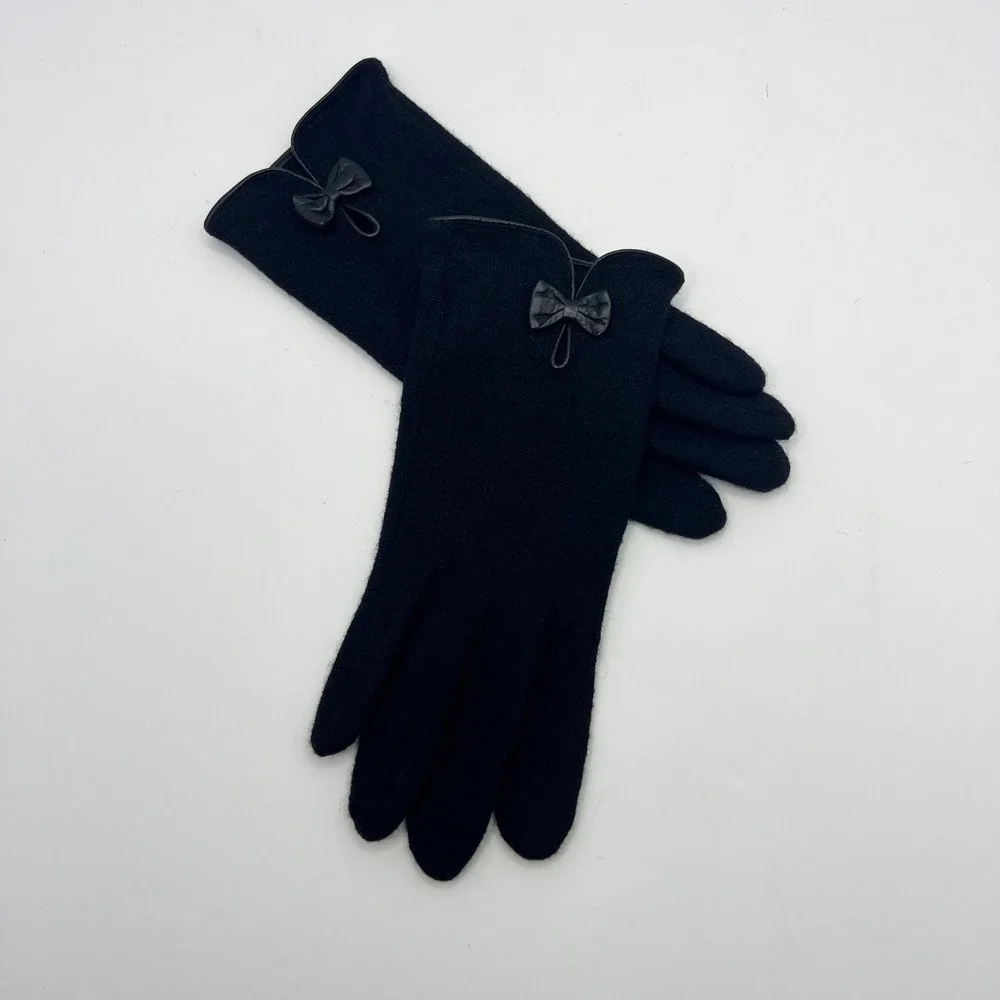 Elegant Black Knit Gloves Leather Bow Womens Small Touchscreen Finger Coquette